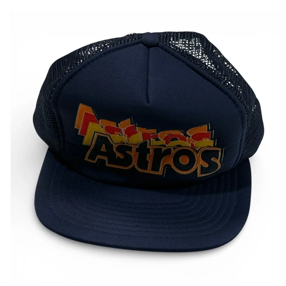 Vintage Houston Astros Trucker Hat Navy Blue Rainbow Logo‎ Snapback MLB Cap